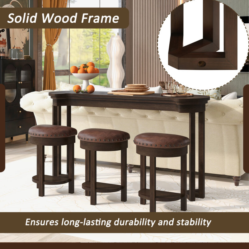4 Piece Bar Table Set with3 PU Upholstered Bar Stools, Breakfast Table with 3 Padded Stools Solid Wood Counter Height Dining Table Set for Living Room, Dining Room - Image 15
