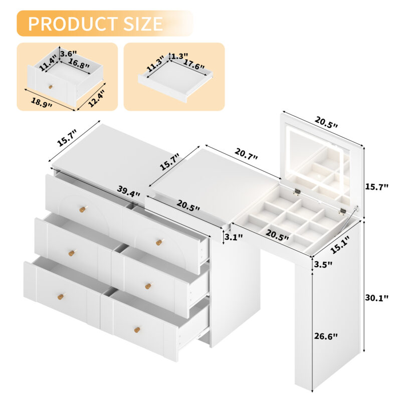 Vanity Desk with Mirror and Lights, Makeup Vanity Table with Flip-Top Tabletop and Storage 7 Drawers, 9 Compartments, 3 Shelves, 3 Color Modes Adjustable Makeup Table for Bedroom - Image 15