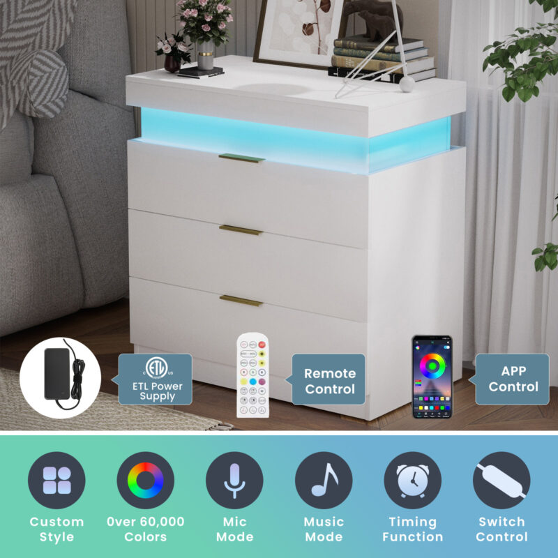 Nightstand with Charging Station and LED Lights,Night Stand with Sliding Top for Bedroom,Bedside Table with Drawers,Modern End Side Table - Image 11