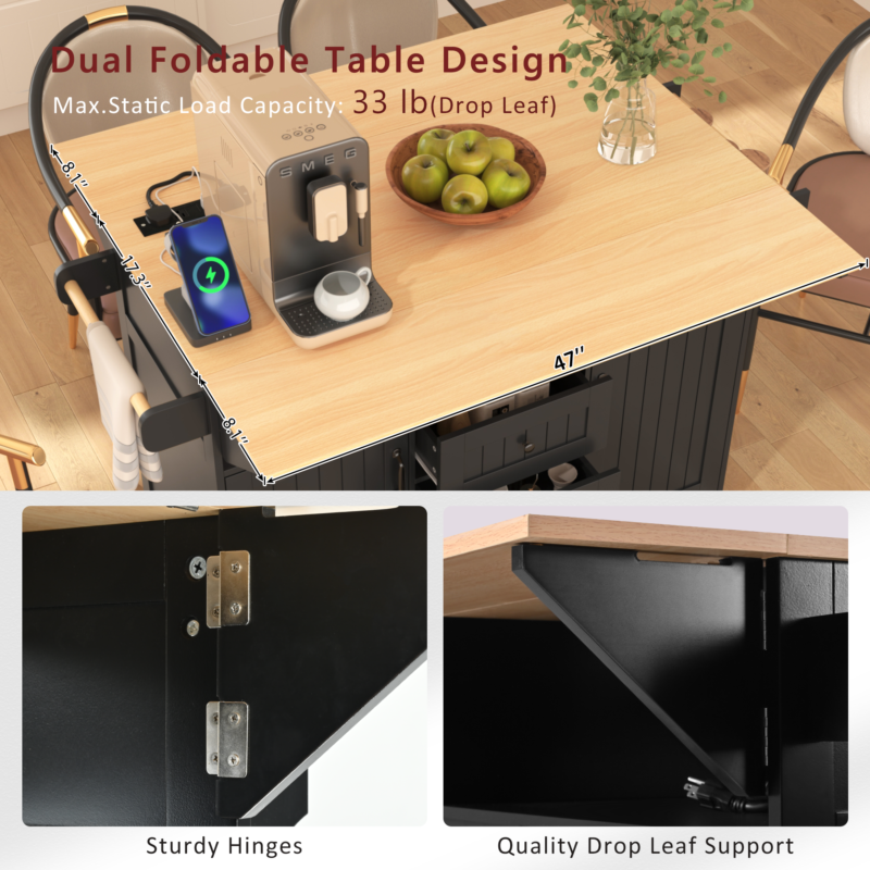 K&K 55.7'' Large Kitchen Island with 2 Drop Leaf,, Rolling Kitchen Cart on 5 Wheels with Power Outlet, Folding Storage Dining Table with Spice & Towel Rack , 3 Drawers, for Kitchen, Dining Room - Image 24
