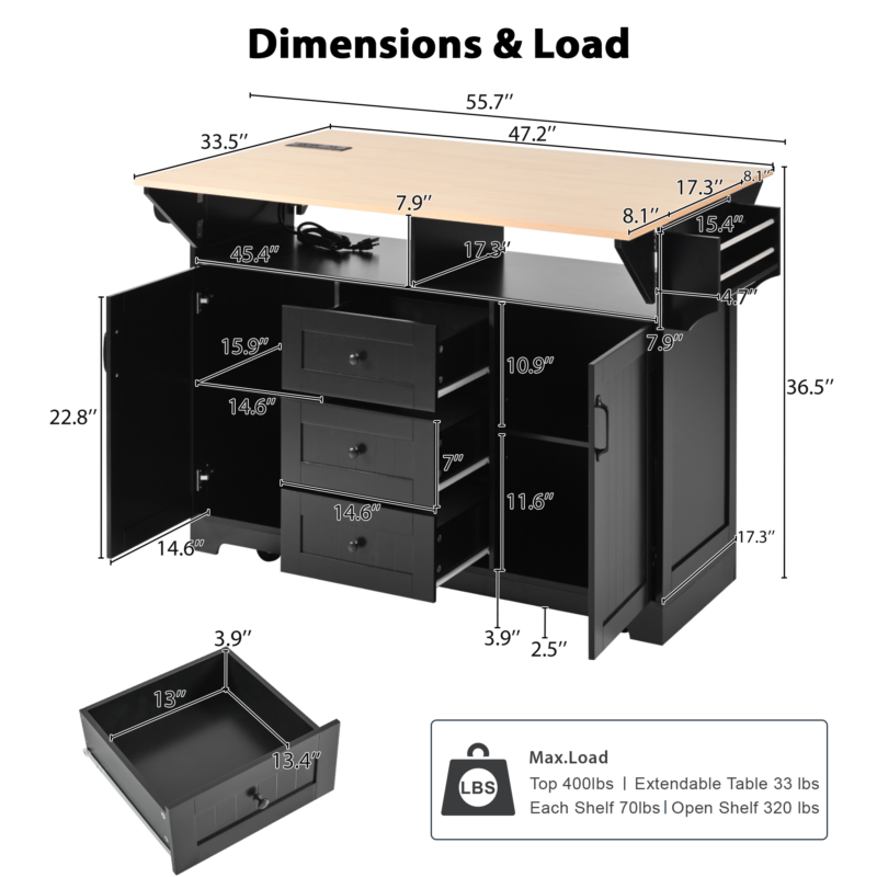 K&K 55.7'' Large Kitchen Island with 2 Drop Leaf,, Rolling Kitchen Cart on 5 Wheels with Power Outlet, Folding Storage Dining Table with Spice & Towel Rack , 3 Drawers, for Kitchen, Dining Room - Image 25