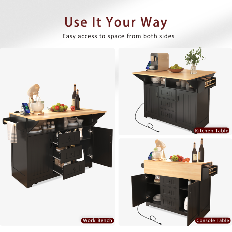 K&K 55.7'' Large Kitchen Island with 2 Drop Leaf,, Rolling Kitchen Cart on 5 Wheels with Power Outlet, Folding Storage Dining Table with Spice & Towel Rack , 3 Drawers, for Kitchen, Dining Room - Image 22