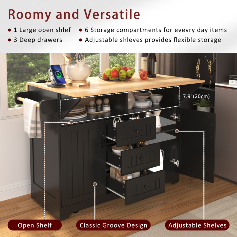 K&K 55.7'' Large Kitchen Island with 2 Drop Leaf,, Rolling Kitchen Cart on 5 Wheels with Power Outlet, Folding Storage Dining Table with Spice & Towel Rack , 3 Drawers, for Kitchen, Dining Room - Image 20
