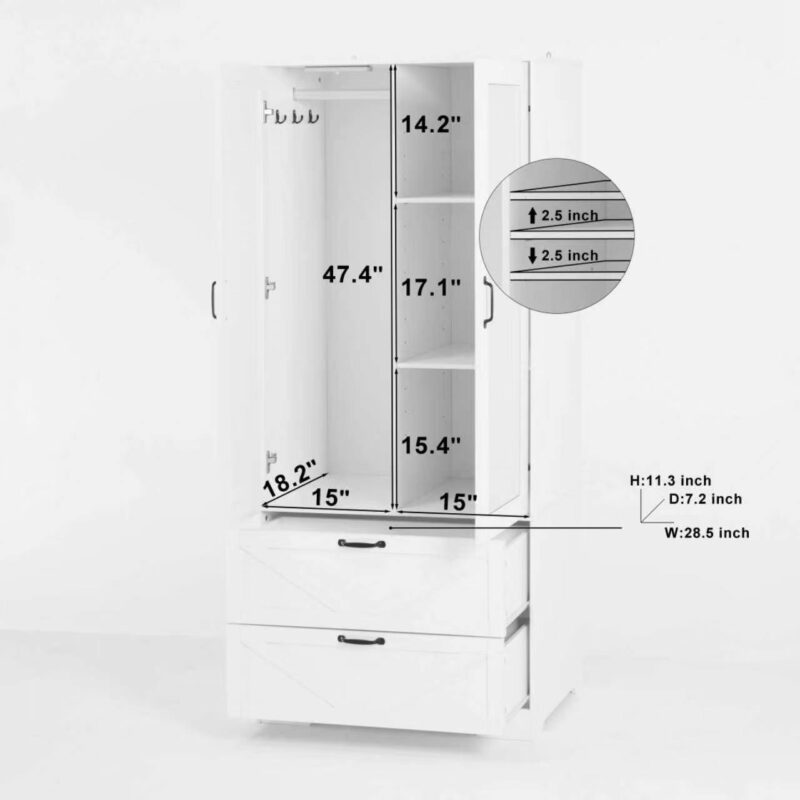 2 Door Wood Wardrobe for Bedroom with Hanging Clothing Rod inside the Cabinet and 2 Drawers for Storage Organization, Built-in induction light Multifunctional Closet with Mirror - Image 4