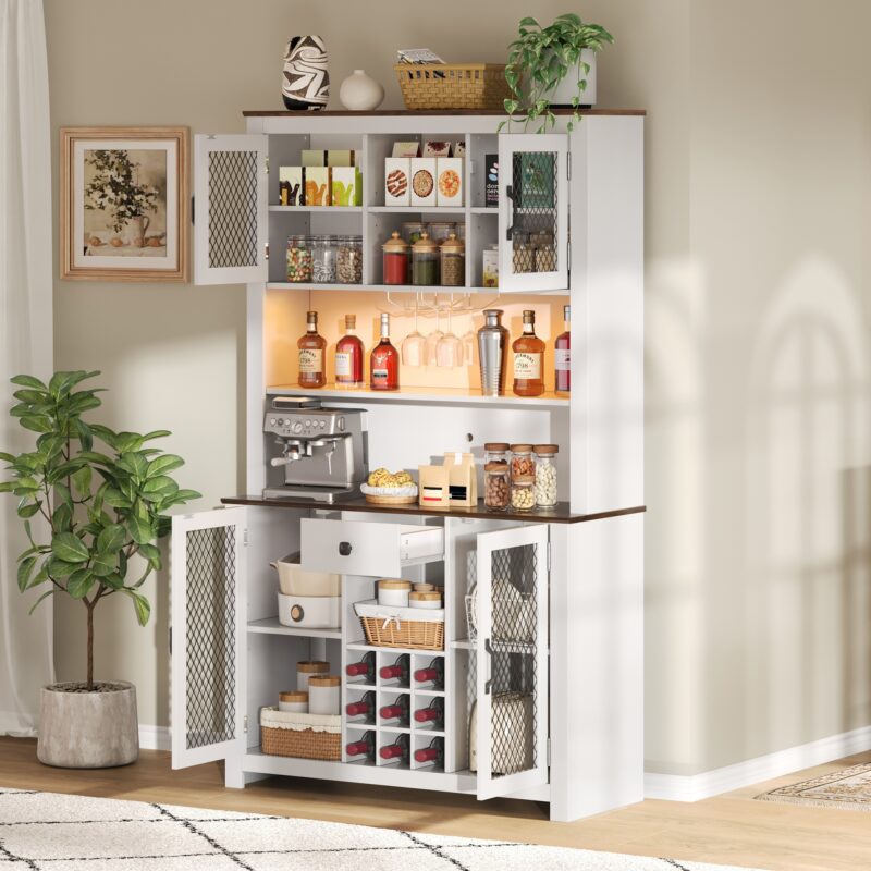 70.9" Kitchen Pantry Storage Cabinet Rustic Buffet Cabinet, Kitchen Hutch Cabinet with LED Outlets Food Pantry Cabinet with Doors and Shelves Wine Rack for Dining Room - Image 4