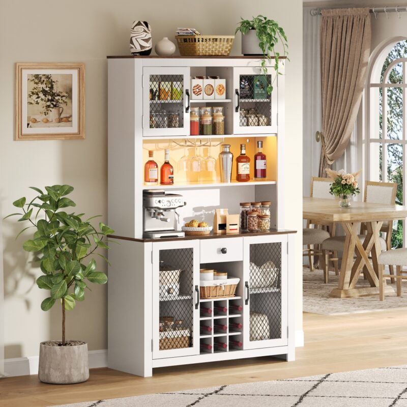 70.9" Kitchen Pantry Storage Cabinet Rustic Buffet Cabinet, Kitchen Hutch Cabinet with LED Outlets Food Pantry Cabinet with Doors and Shelves Wine Rack for Dining Room - Image 3