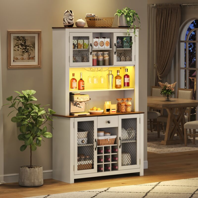 70.9" Kitchen Pantry Storage Cabinet Rustic Buffet Cabinet, Kitchen Hutch Cabinet with LED Outlets Food Pantry Cabinet with Doors and Shelves Wine Rack for Dining Room - Image 2