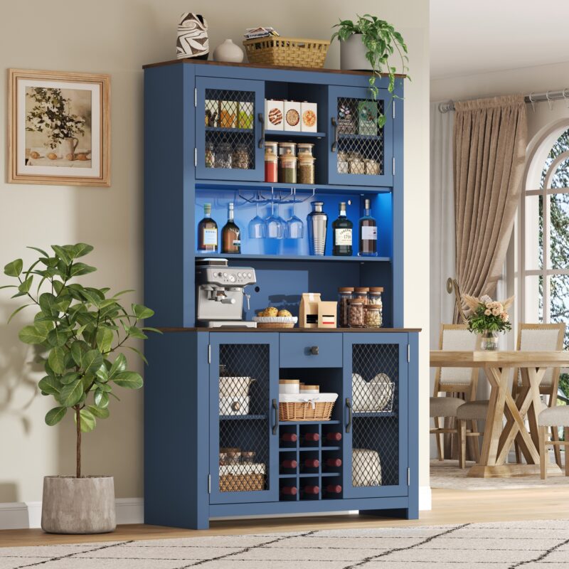 70.9" Kitchen Pantry Storage Cabinet Rustic Buffet Cabinet, Kitchen Hutch Cabinet with LED Outlets Food Pantry Cabinet with Doors and Shelves Wine Rack for Dining Room - Image 10