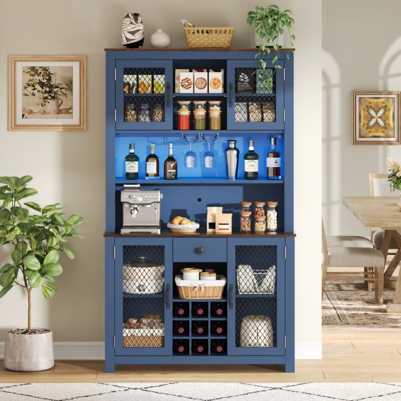 70.9" Kitchen Pantry Storage Cabinet Rustic Buffet Cabinet, Kitchen Hutch Cabinet with LED Outlets Food Pantry Cabinet with Doors and Shelves Wine Rack for Dining Room - Image 9