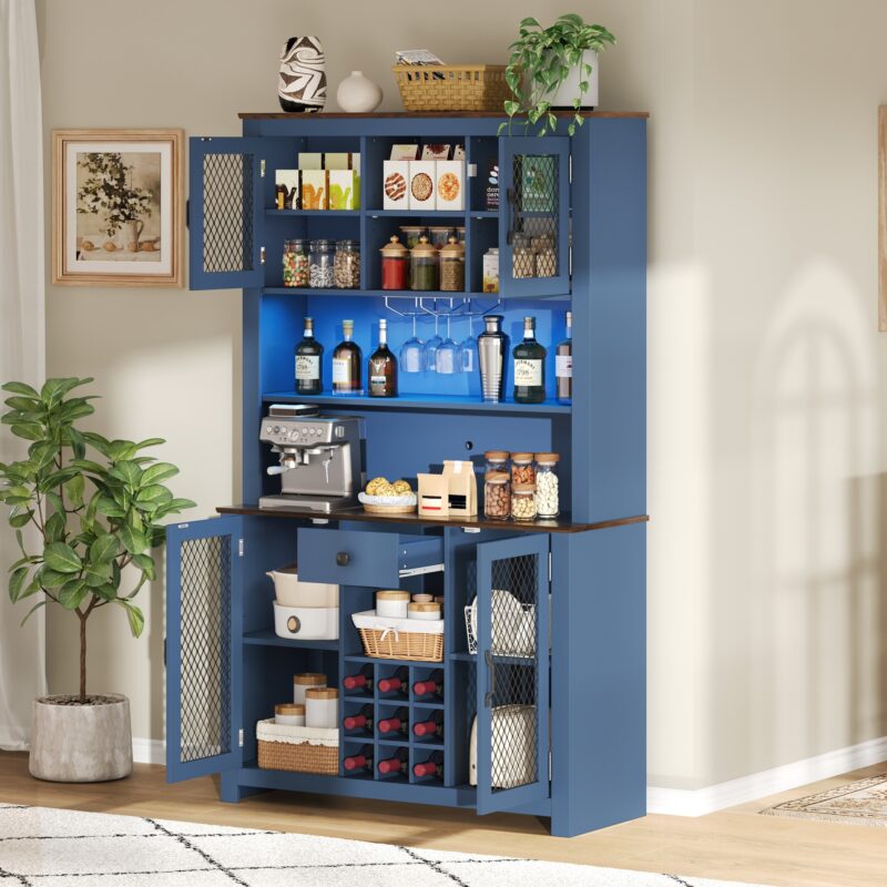 70.9" Kitchen Pantry Storage Cabinet Rustic Buffet Cabinet, Kitchen Hutch Cabinet with LED Outlets Food Pantry Cabinet with Doors and Shelves Wine Rack for Dining Room - Image 8