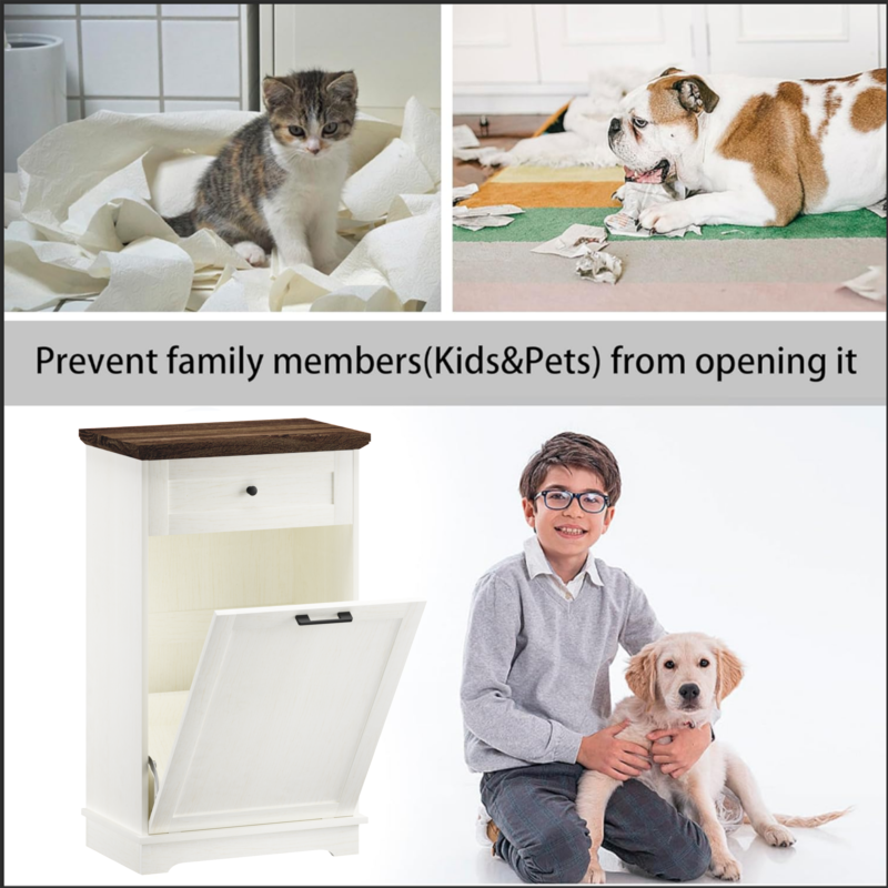 10 Gallon Tilt Out Trash Cabinet Freestanding Trash Bin Cabinet Wood Garbage Recycling Cabinet with Drawer Pet Proof Trash Can Holder for Kitchen Living Room, Antique White (Not include trash can) - Image 7