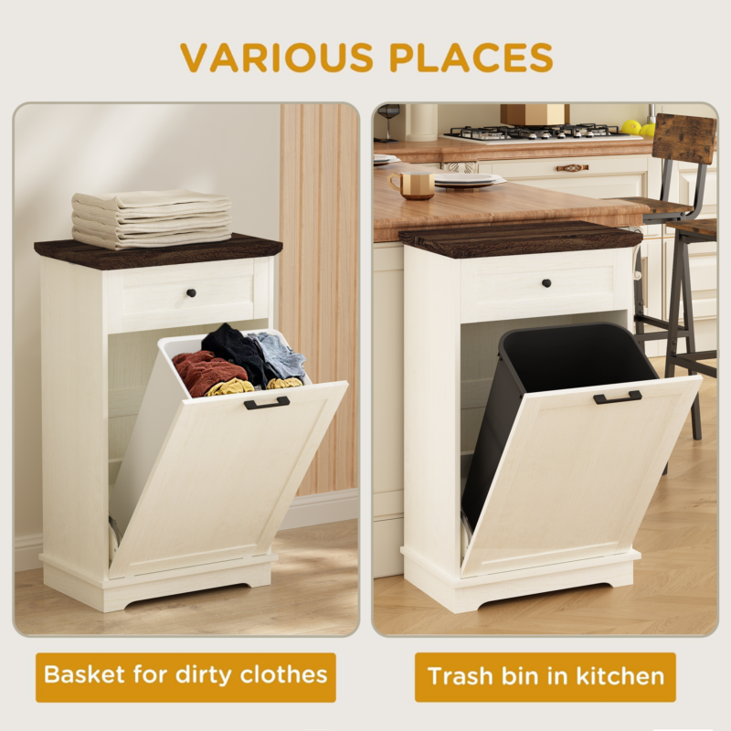10 Gallon Tilt Out Trash Cabinet Freestanding Trash Bin Cabinet Wood Garbage Recycling Cabinet with Drawer Pet Proof Trash Can Holder for Kitchen Living Room, Antique White (Not include trash can) - Image 11