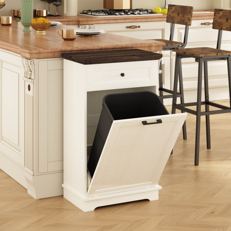 10 Gallon Tilt Out Trash Cabinet Freestanding Trash Bin Cabinet Wood Garbage Recycling Cabinet with Drawer Pet Proof Trash Can Holder for Kitchen Living Room, Antique White (Not include trash can) - Image 2