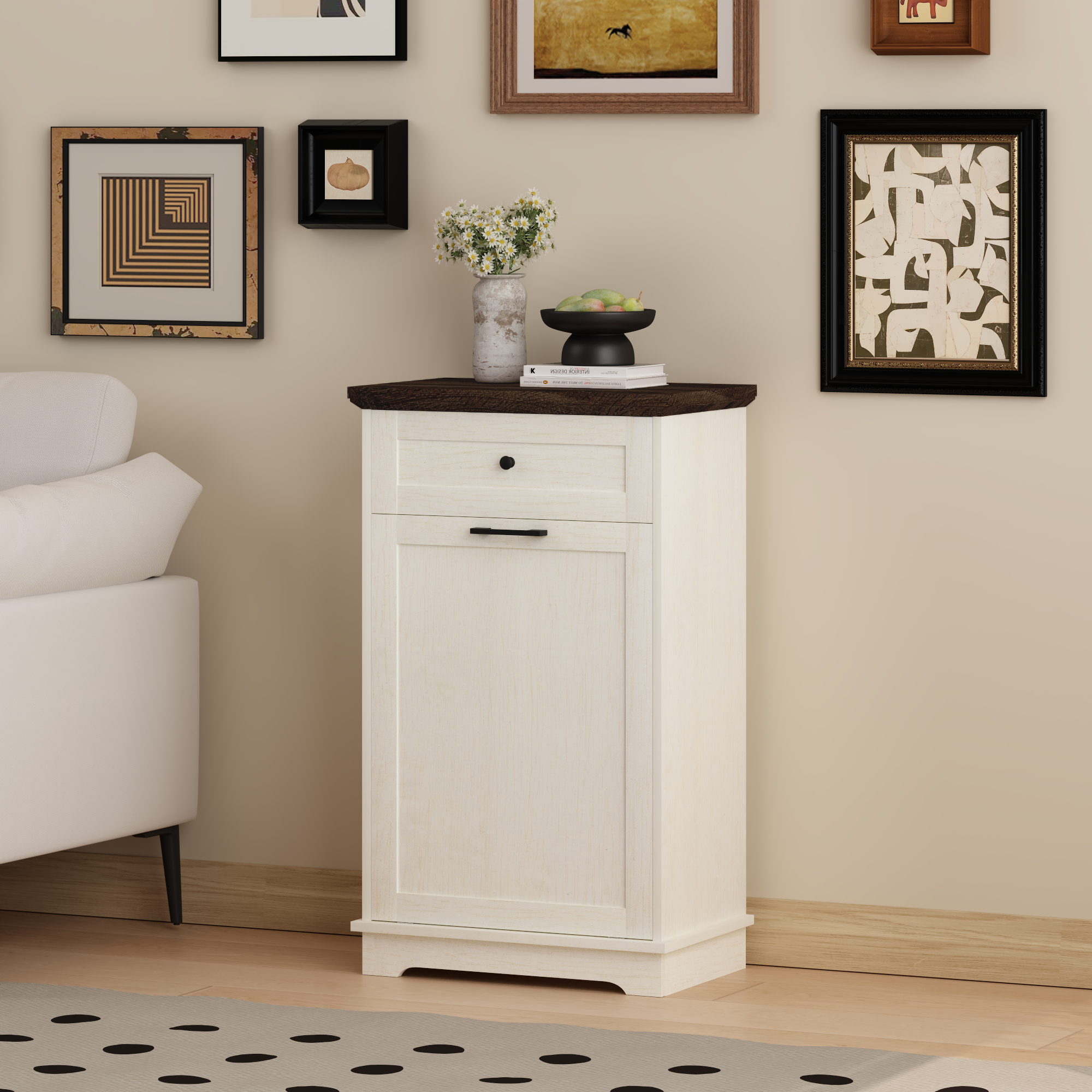 DY25LB11 (25) 10 Gallon Tilt Out Trash Cabinet Freestanding Trash Bin Cabinet Wood Garbage Recycling Cabinet with Drawer Pet Proof Trash Can Holder for Kitchen Living Room, Antique White (Not include trash can) - Image 1