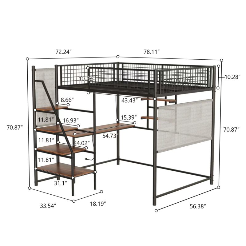 Full size loft metal bed with black for bedroom and dormitory, with built-in charging station and LED lighting - Image 2