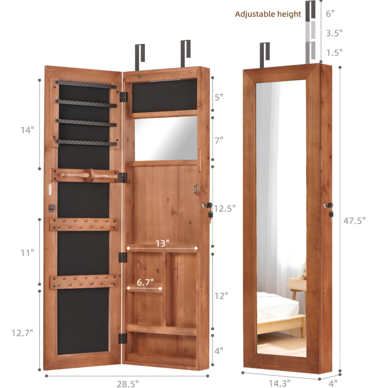 Solid Wood Jewelry Armoire Organizer Cabinet with Full-Length Mirror, 47.5x14.3 in Wall-Mounted Lockable with LED Light - Image 18