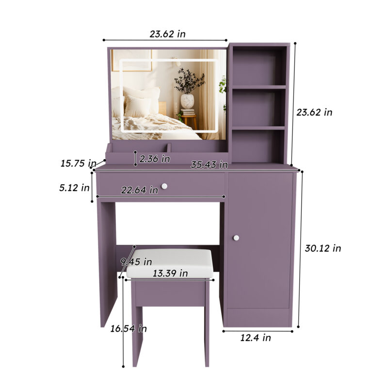 Stylish Vanity Desk Set with Padded Stool & Adjustable LED Lighted Mirror (3 Color Modes), Modern Bedroom Makeup Vanity Desk Combo, Purple - Image 3