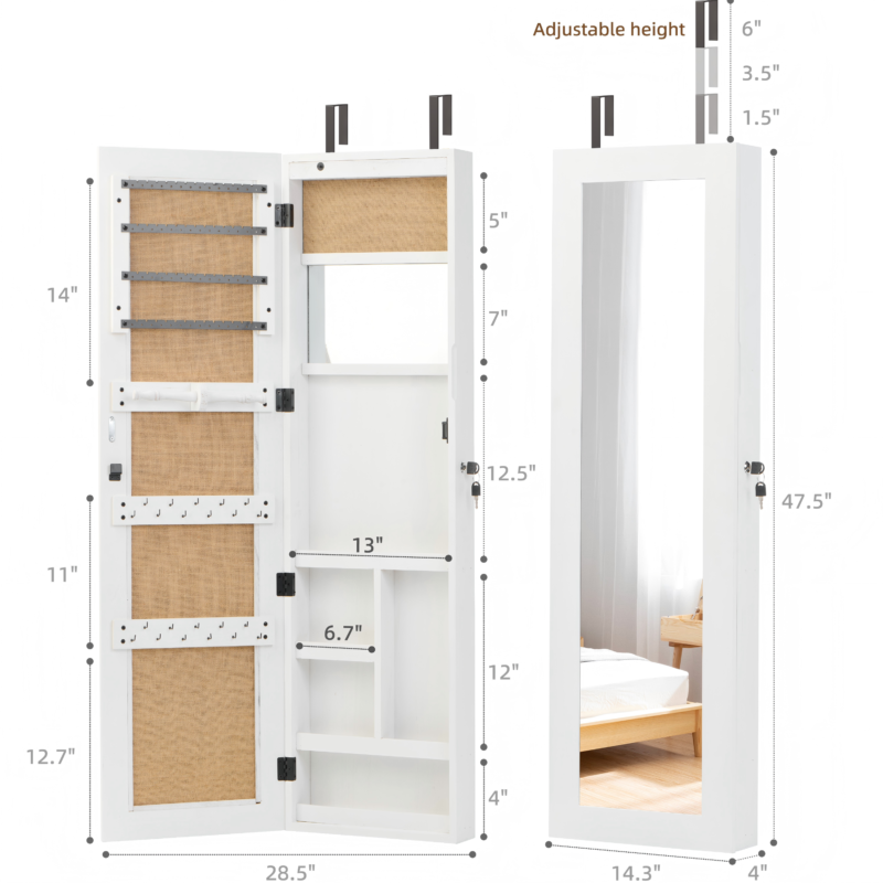 Solid Wood Jewelry Armoire Organizer Cabinet with Full-Length Mirror, 47.5x14.3 in Wall-Mounted Lockable with LED Light - Image 3