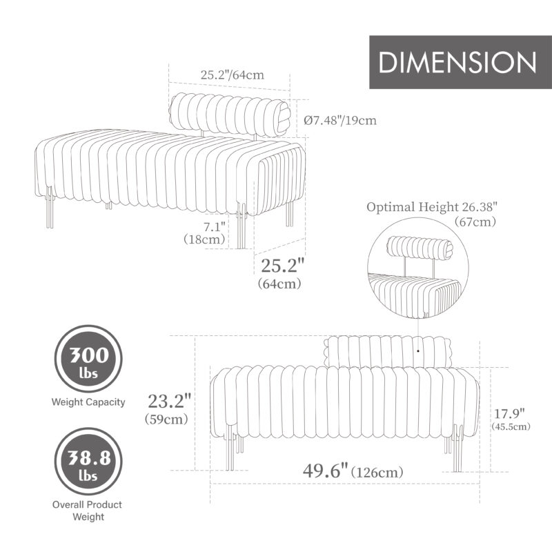 49.6" Wide Upholstered Mini Loveseat with Metal Legs, 2-Seater Small Sofa End of Bed Bench Window Ottoman Footrest with Adjustable Back for Living Room Bedroom Entryway Hallway Small Space - Image 4