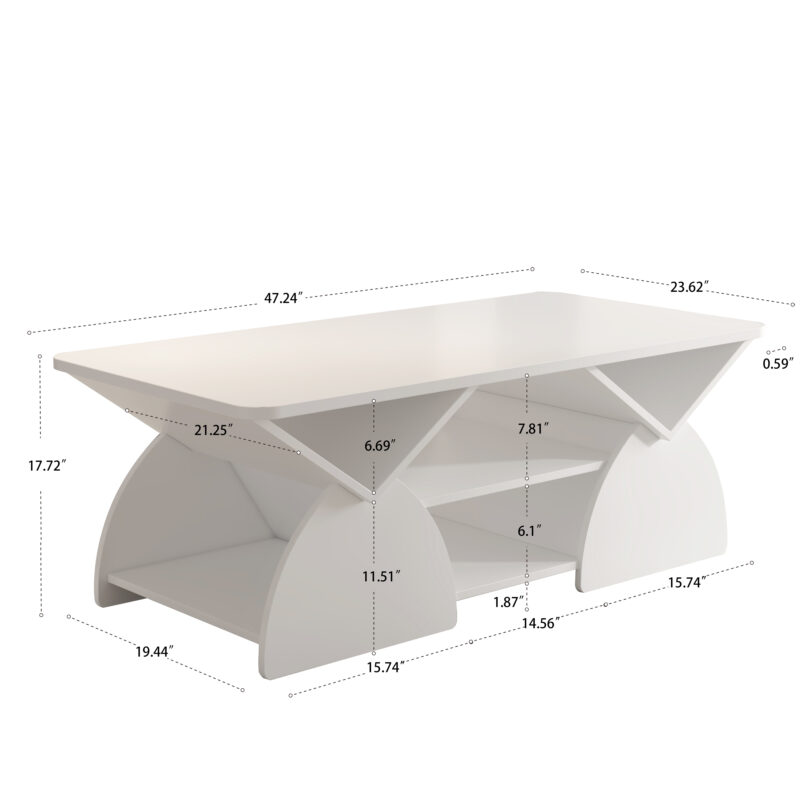 Engineered wood rounded corner rectangular coffee table for living room, easy assembly storage table with open shelves sturdy frame for Reception Room, Modern Coffee Table Geometric Design - Image 5