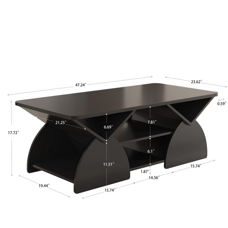 Engineered wood rounded corner rectangular coffee table for living room, easy assembly storage table with open shelves sturdy frame for Reception Room, Modern Coffee Table Geometric Design - Image 8
