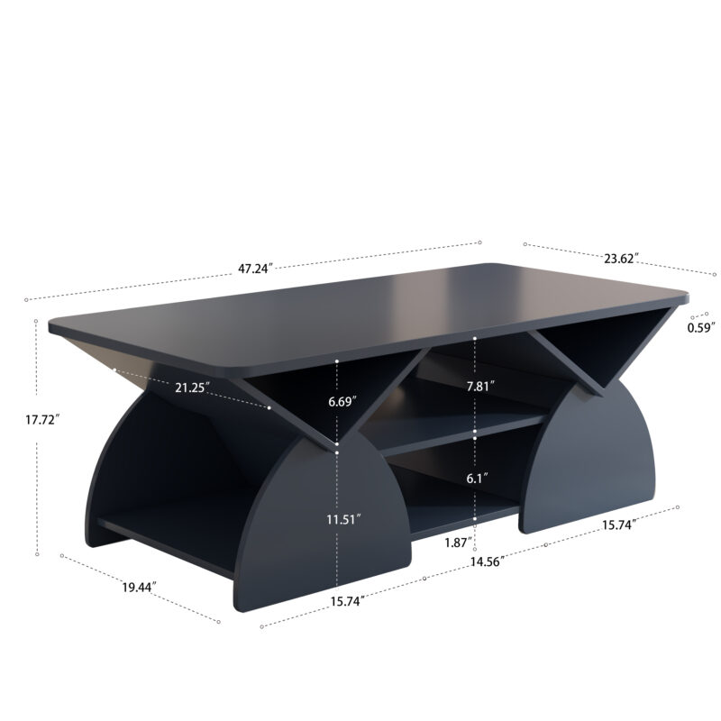 Engineered wood rounded corner rectangular coffee table for living room, easy assembly storage table with open shelves sturdy frame for Reception Room, Modern Coffee Table Geometric Design - Image 11