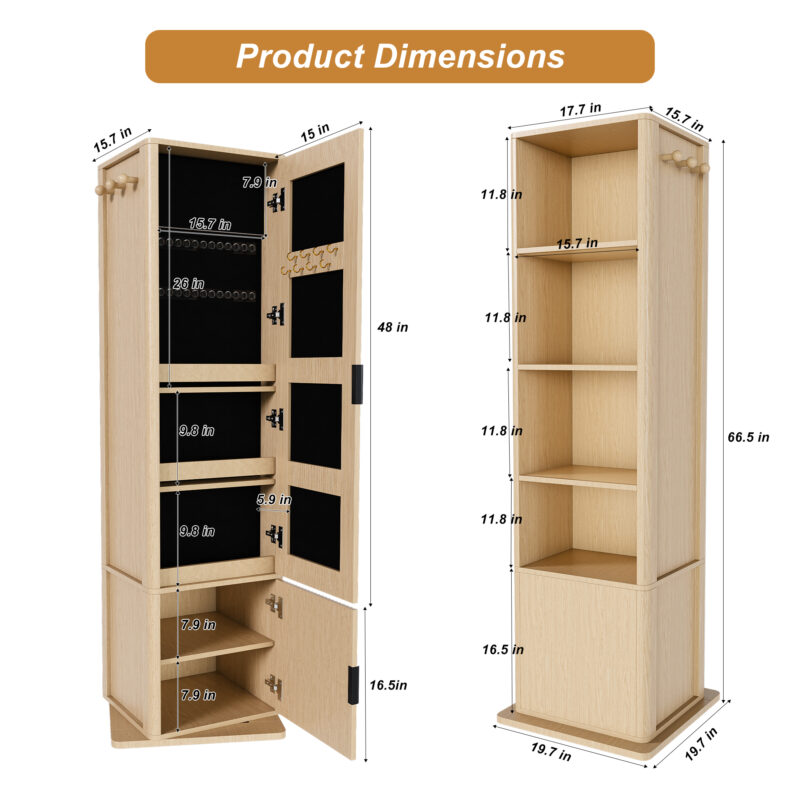 360° rotating makeup cabinet, jewelry cabinet with a full-length mirror, standing storage cabinet with a coat rack, 4 layers of open shelves and 2 layers of built-in shelves - Image 5
