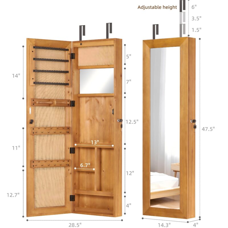 Solid Wood Jewelry Armoire Organizer Cabinet with Full-Length Mirror, 47.5x14.3 in Wall-Mounted Lockable with LED Light - Image 16