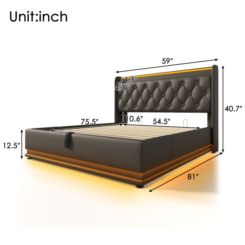 Full size Upholstered bed, 360 surround LED function, Buttons/Apps/Remote Control, hydraulic storage bed with USB Type-C charging, Black,PU (Without mattress) - Image 12