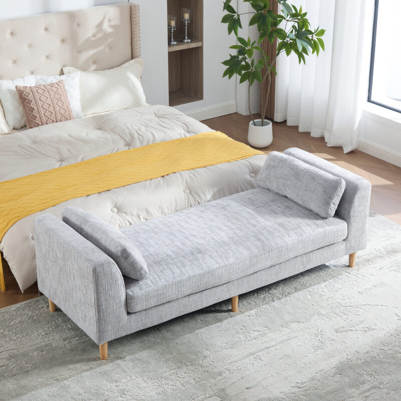 83.1"Wide Modern Upholstered End of Bed Bench with Armrests, Chenille Chaise Lounge Couch with 2 Bolster Pillows, Daybed with Rubberwood Legs For Living Room,Bedroom,Apartment,Guestroom - Image 13
