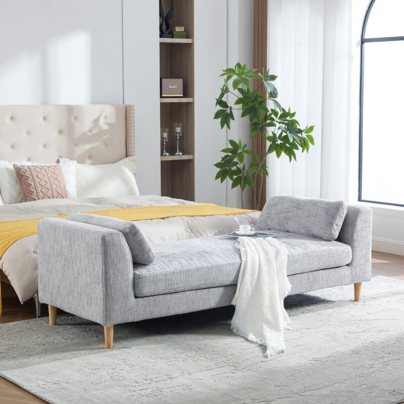 83.1"Wide Modern Upholstered End of Bed Bench with Armrests, Chenille Chaise Lounge Couch with 2 Bolster Pillows, Daybed with Rubberwood Legs For Living Room,Bedroom,Apartment,Guestroom - Image 15