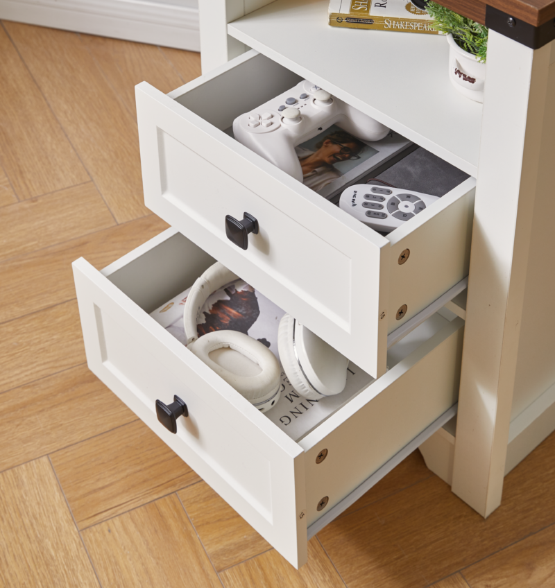 Farmhouse Side Table with Charging Station, Antique Nightstands with Drawers, Bedside Table with Open Shelf for Bedroom, White - Image 5