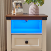Farmhouse Side Table with Charging Station, Antique Nightstands with Drawers, Bedside Table with Open Shelf for Bedroom, White - Image 2