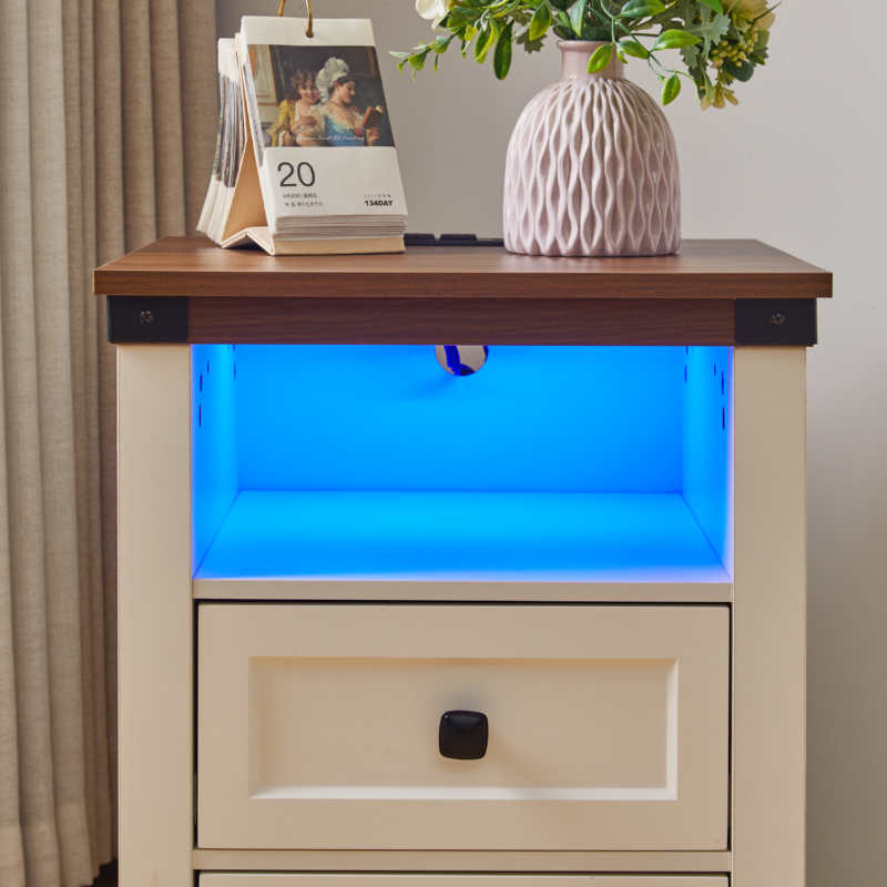 Farmhouse Side Table with Charging Station, Antique Nightstands with Drawers, Bedside Table with Open Shelf for Bedroom, White - Image 2