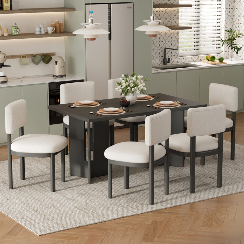 TREXM Farmhouse Wood Dining Table Set for 6 with 6 Upholstered Chairs, 60" Rectangular Dining Table with Cutout Table Legs for Dining Room, Kitchen and Living Room - Image 11