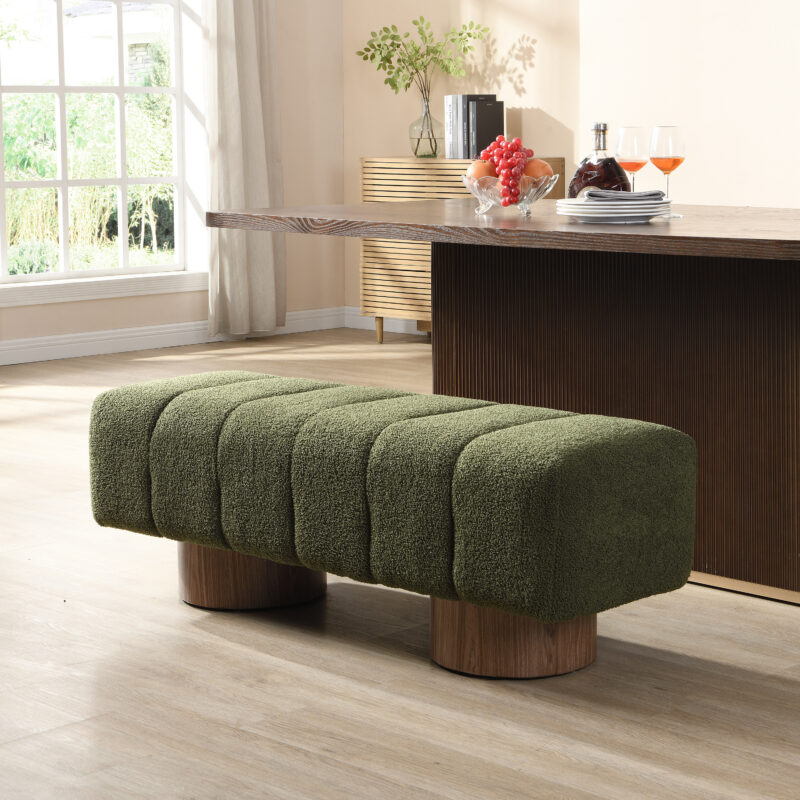 Upholstered Dining Bench for Dining Room, No-Assembly End of Bed Entryway Bench Ottoman for Bedroom Living Room, Green Boucle Fabric, Leg 300 LBS Weight Capacity - Image 4