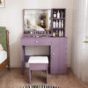 Stylish Vanity Desk Set with Padded Stool & Adjustable LED Lighted Mirror (3 Color Modes), Modern Bedroom Makeup Vanity Desk Combo, Purple