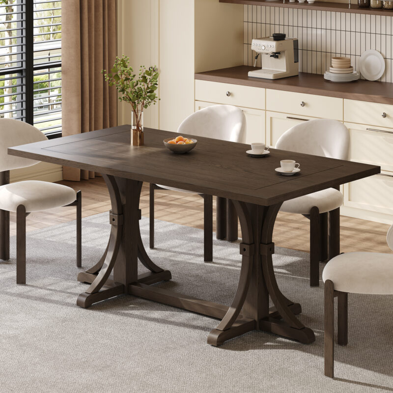TREXM Solid Wood Dining Table for 6 People, 60" Rustic Farmhouse Dining Room Table with Trestle Base & Curved Legs, Natural Oak Finish, Kitchen Table for Home - Image 7