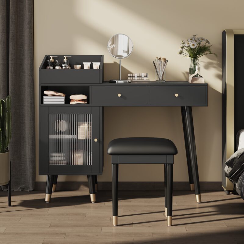 Modern Makeup Vanity Desk with Drawers, Cabinet & Charging Port, Space-saving Dressing Table Set with Stool for Small Places, Black - Image 2