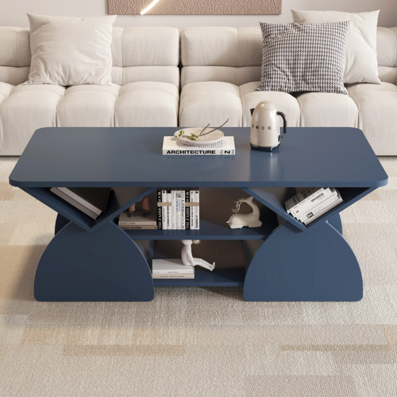 Engineered wood rounded corner rectangular coffee table for living room, easy assembly storage table with open shelves sturdy frame for Reception Room, Modern Coffee Table Geometric Design - Image 12