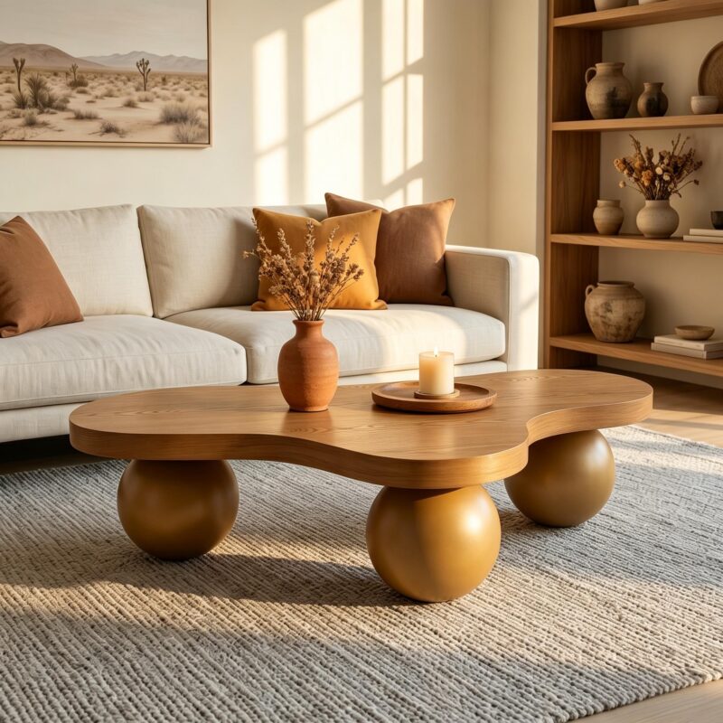 46'' Funky Unique Modern Coffee Table, Abstract Irregular Shape Low Profile Wooden Living Room Table with Ball Legs,Cute Center Tables,Tea Table for Bedroom,Apartment,Living Room - Image 5