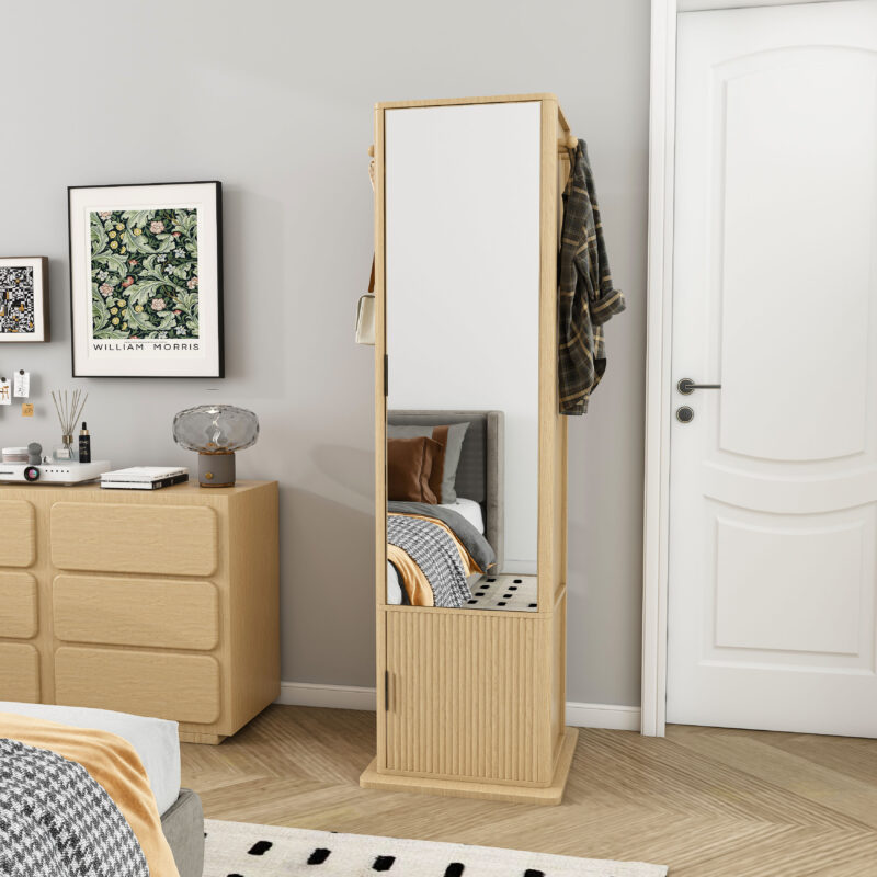 360° rotating makeup cabinet, jewelry cabinet with a full-length mirror, standing storage cabinet with a coat rack, 4 layers of open shelves and 2 layers of built-in shelves - Image 4