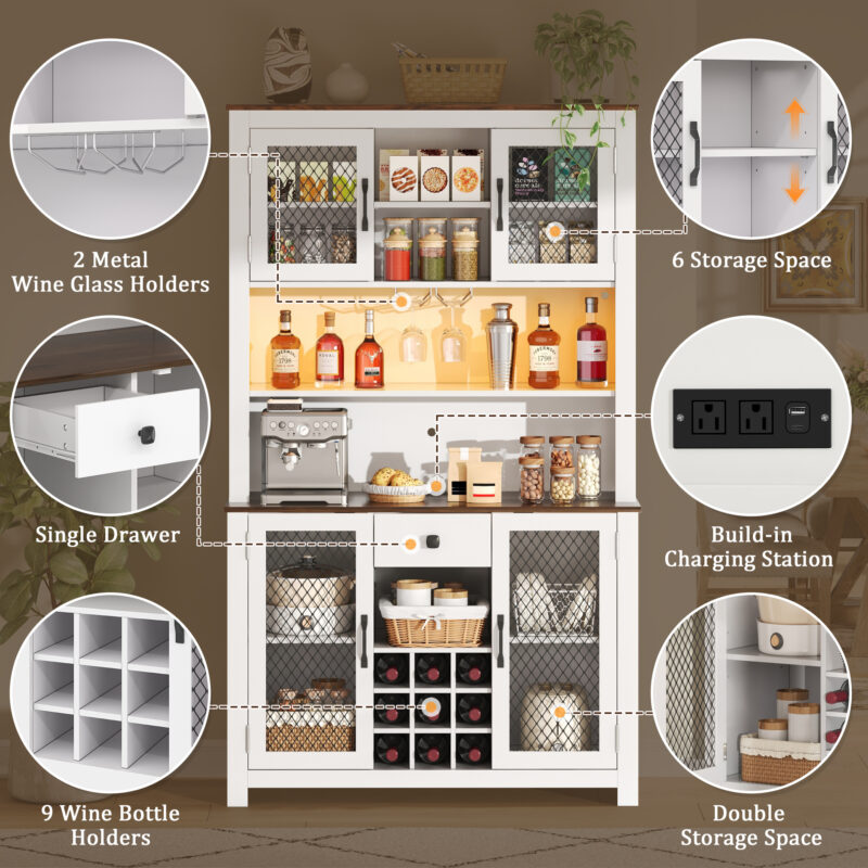 70.9" Kitchen Pantry Storage Cabinet Rustic Buffet Cabinet, Kitchen Hutch Cabinet with LED Outlets Food Pantry Cabinet with Doors and Shelves Wine Rack for Dining Room - Image 7