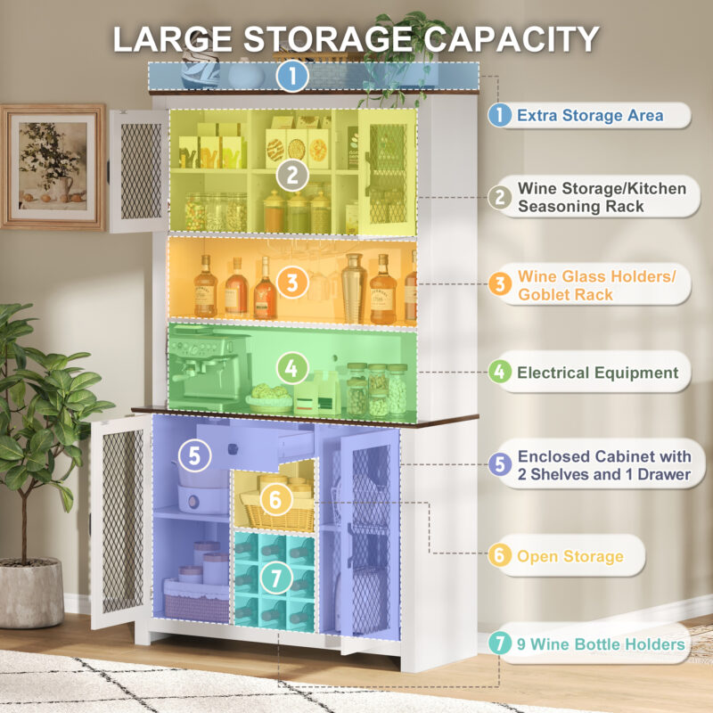70.9" Kitchen Pantry Storage Cabinet Rustic Buffet Cabinet, Kitchen Hutch Cabinet with LED Outlets Food Pantry Cabinet with Doors and Shelves Wine Rack for Dining Room - Image 6