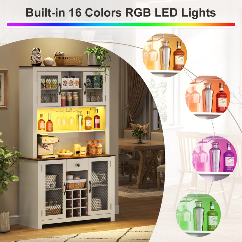 70.9" Kitchen Pantry Storage Cabinet Rustic Buffet Cabinet, Kitchen Hutch Cabinet with LED Outlets Food Pantry Cabinet with Doors and Shelves Wine Rack for Dining Room - Image 5