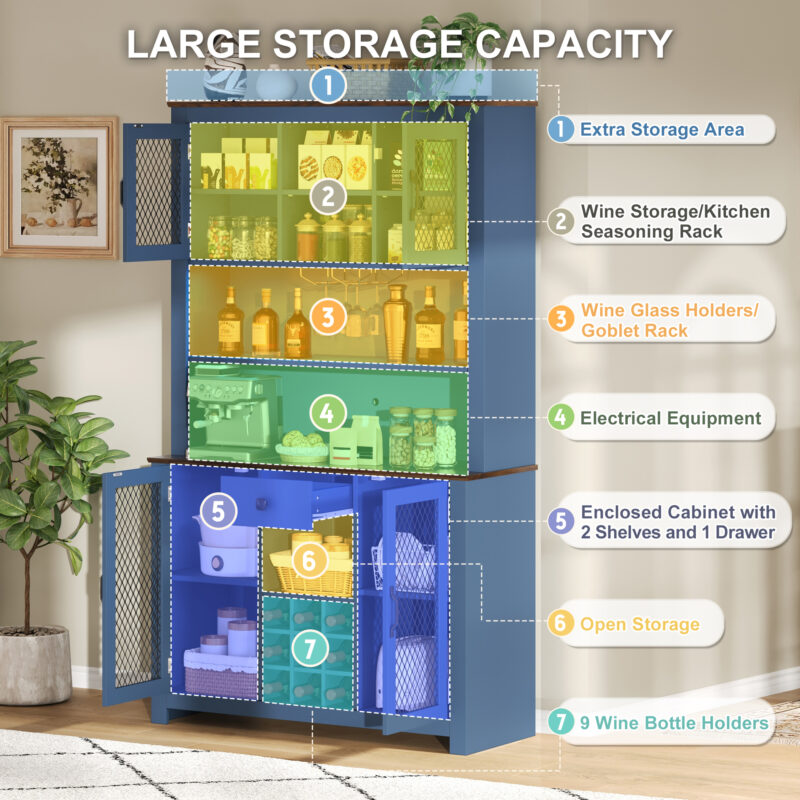 70.9" Kitchen Pantry Storage Cabinet Rustic Buffet Cabinet, Kitchen Hutch Cabinet with LED Outlets Food Pantry Cabinet with Doors and Shelves Wine Rack for Dining Room - Image 11