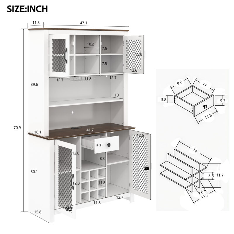 70.9" Kitchen Pantry Storage Cabinet Rustic Buffet Cabinet, Kitchen Hutch Cabinet with LED Outlets Food Pantry Cabinet with Doors and Shelves Wine Rack for Dining Room - Image 12