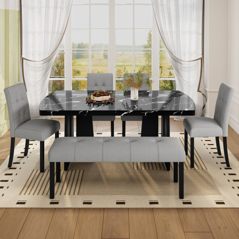 Modern Tufted Linen Dining Bench, Farmhouse Upholstered Entryway Bench with Black Rubber Wood Legs, Versatile for Kitchen, Bedroom, Hallway - Image 4