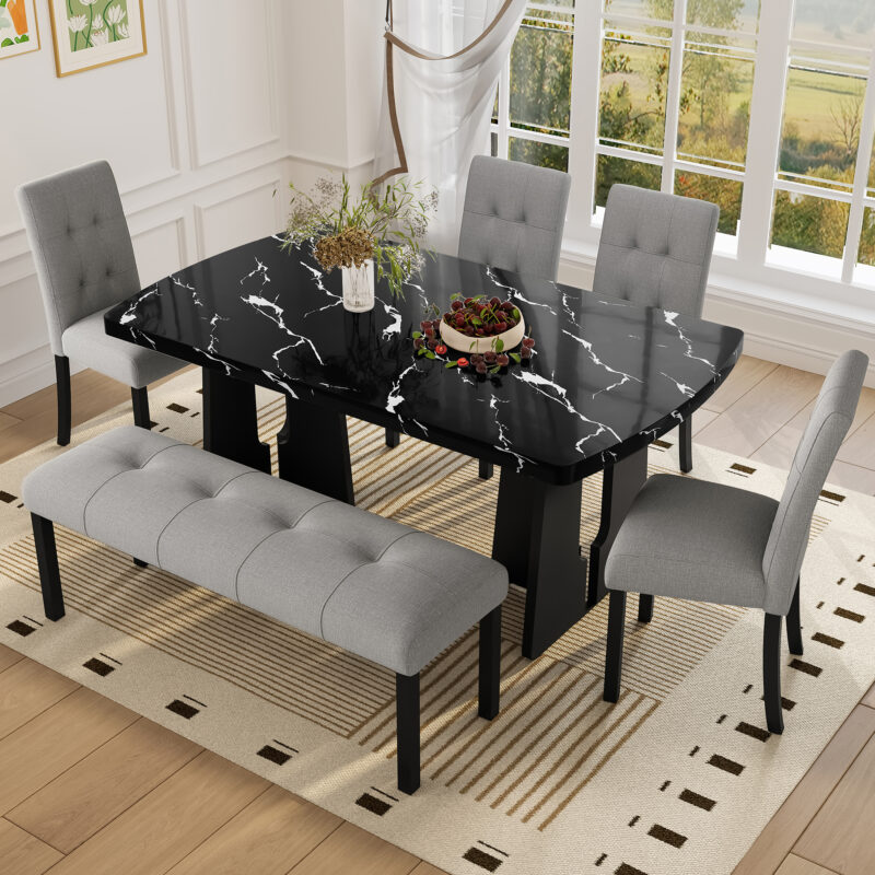 Modern Tufted Linen Dining Bench, Farmhouse Upholstered Entryway Bench with Black Rubber Wood Legs, Versatile for Kitchen, Bedroom, Hallway - Image 3