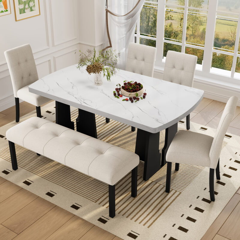 Modern Tufted Linen Dining Bench, Farmhouse Upholstered Entryway Bench with Black Rubber Wood Legs, Versatile for Kitchen, Bedroom, Hallway - Image 9